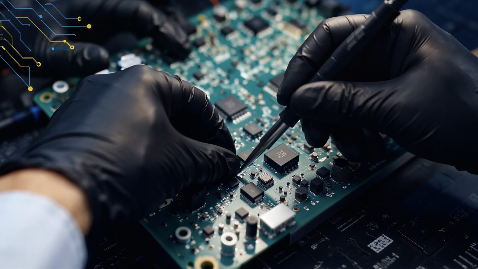 Trabajo de precisión sobre una tarjeta electrónica en el laboratorio